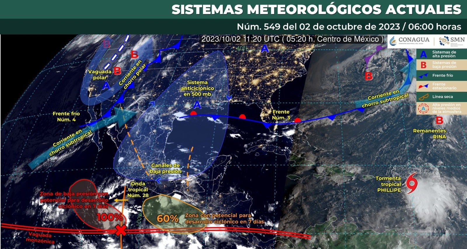 Mapa del Servicio Meteorológico Nacional con sistemas activos
