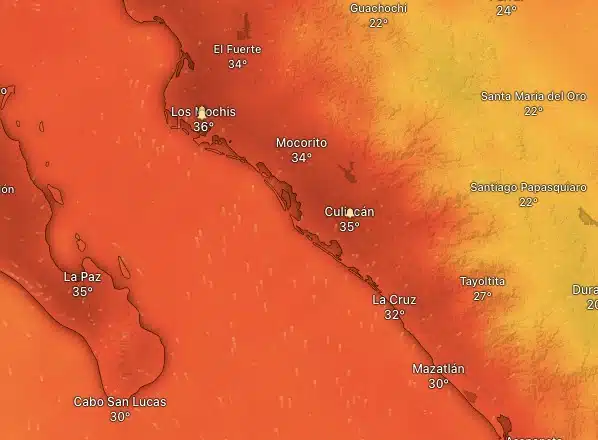 Mapa en donde se observa Sinaloa con altas temperaturas