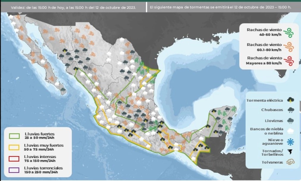 Pronóstico del clima significativo para las siguientes 24 horas en México. En la imagen se observan condiciones de lluvias del centro-norte al sur de Sinaloa el jueves 11 de octubre.