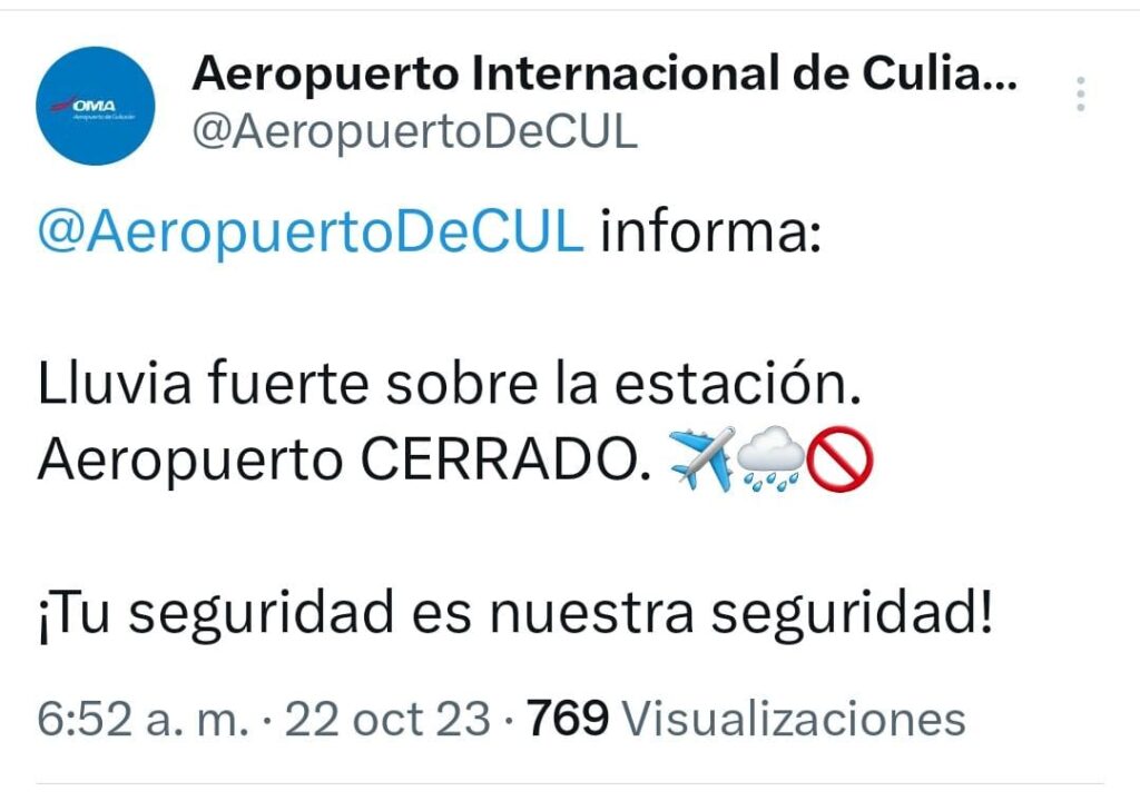 Comunicado del Aeropuerto de Culiacán