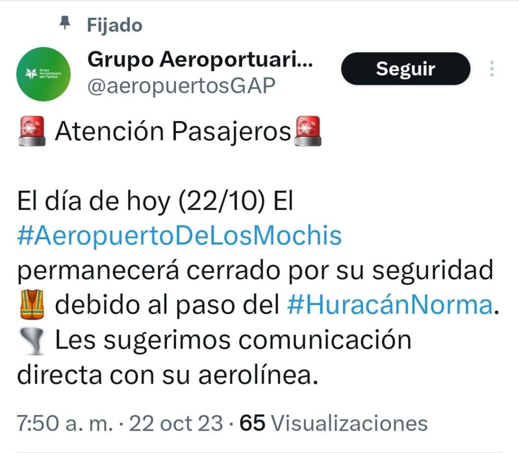 Comunicado del Aeropuerto de Los Mochis