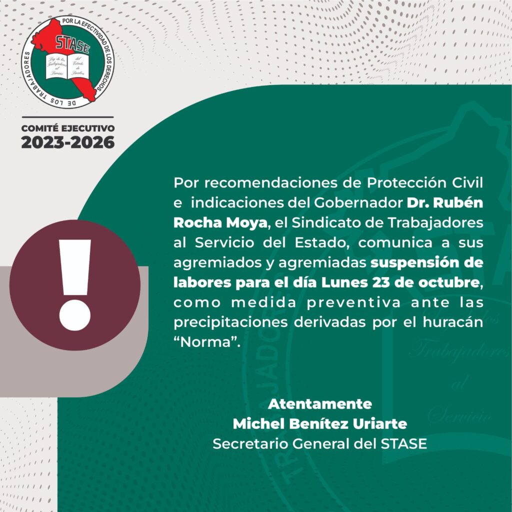 Comunicado de Stase por tormenta tropical Norma
