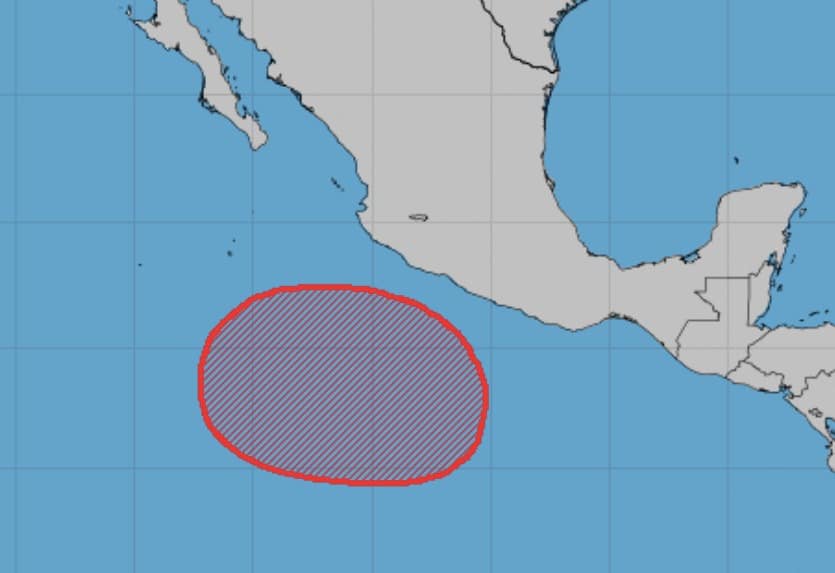 Mapa del océano Pacífico con un sistema con probabilidad de desarrollo ciclónico