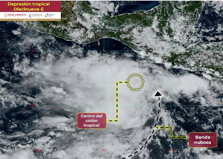 En este punto capta el satélite a la depresión tropical 19-E en aguas del Pacífico