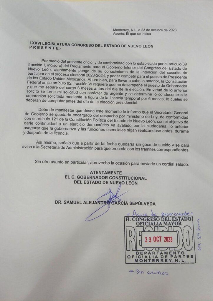 Carta de Samuel García pidiendo licencia para dejar su cargo