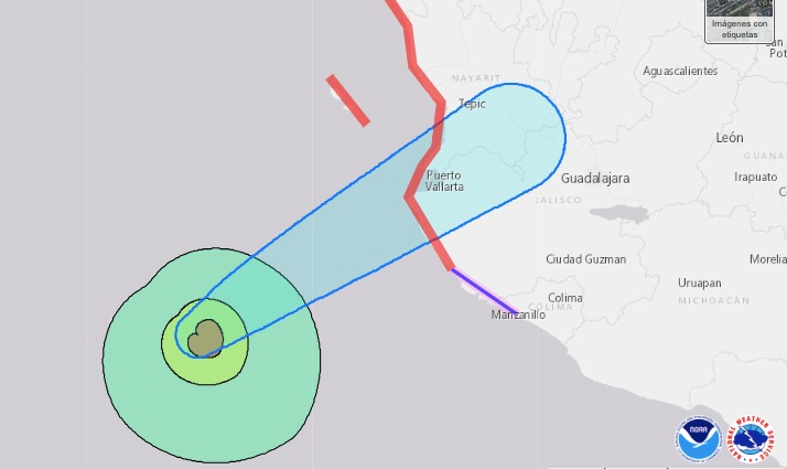 Trayectoria del punto de impacto del huracán Lidia en el océano Pacífico