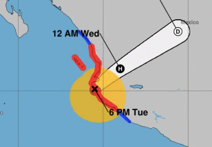 En este punto marcó el NHC el choque del poderoso huracán categiría cuatro Lidia, en Las Peñitas, Jalisco