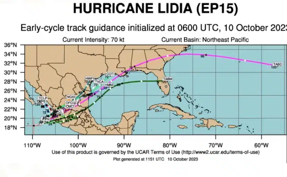 Pronóstico del huracán Lidia en el océano Pacífico