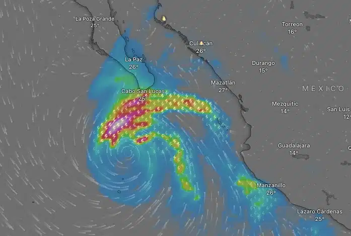 Mapa en el que se muestra el posible impacto de la tormenta tropical y próximo huracán Norma en el océano Pacífico