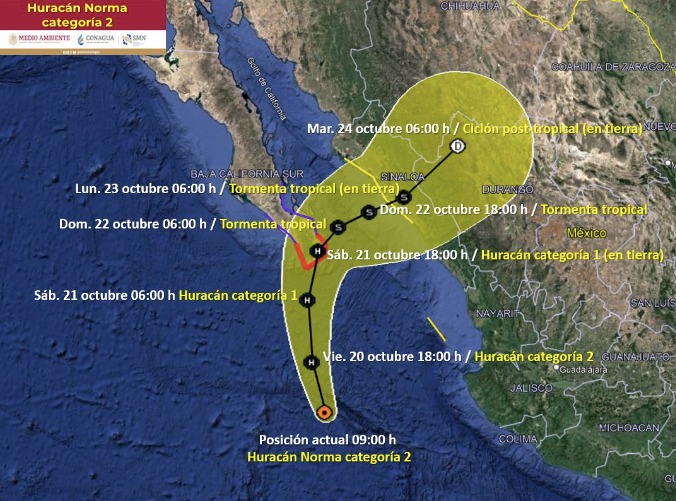 Trayectoria y evolución del huracán Norma en el océano Pacífico