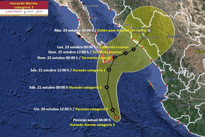 Trayectoria y evolución del huracán Norma en el océano Pacífico