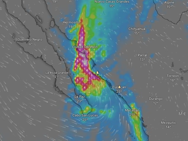 Mapa en el que se muestra el posible impacto de la tormenta tropical y próximo huracán Norma en el océano Pacífico