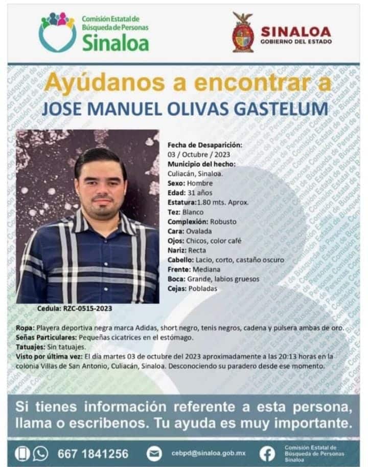 José Manuel Olivas Gastélum fue visto por última vez el martes 3 de octubre.