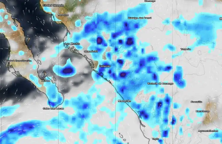 Parte del mapa de la República Mexicana en donde se mira un color azul sobre Sinaloa que representa las lluvias