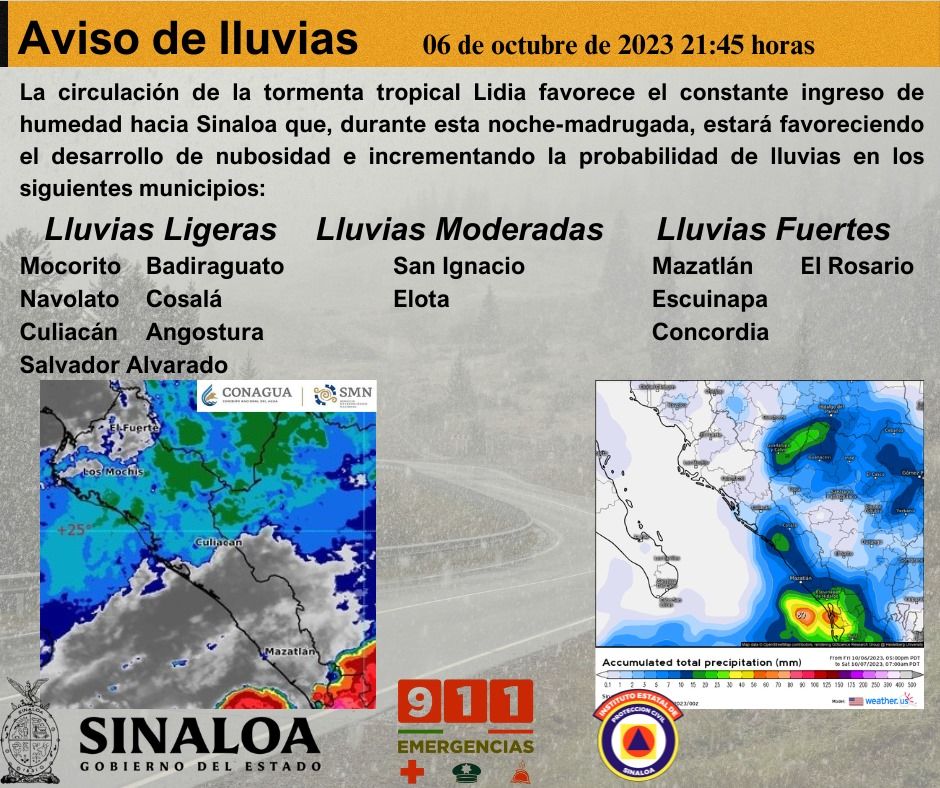 En los municipios de Concordia, Mazatlán, El Rosario y Escuinapa se pronostican lluvias fuertes.