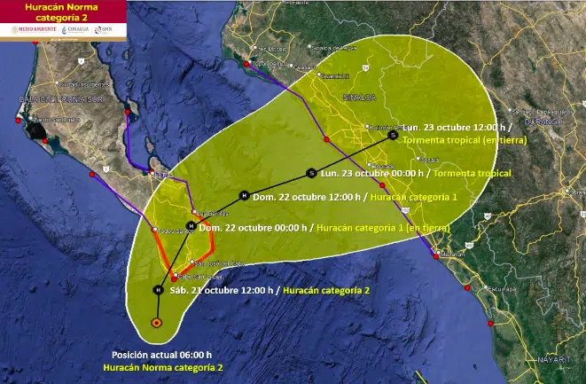 Mapa de trayectoria y evolución del huracán 2 Norma. SMN