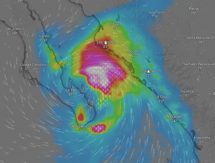 Proyección del sistema windy de Norma acercándose a Sinaloa durante durante el domingo.