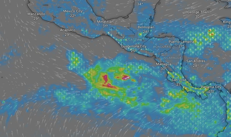 Así se observa la zona de baja presión próxima a evolucionar a depresión o incluso, a la tormenta tropical Pilar. Windy.