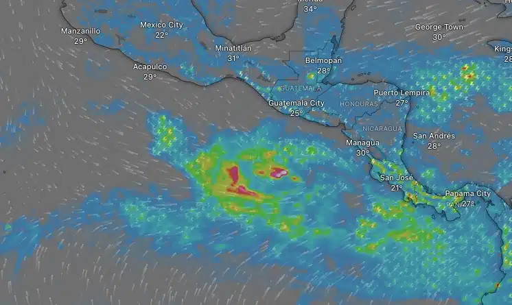 Así se observa la zona de baja presión próxima a evolucionar a depresión o incluso, a la tormenta tropical Pilar. Windy.
