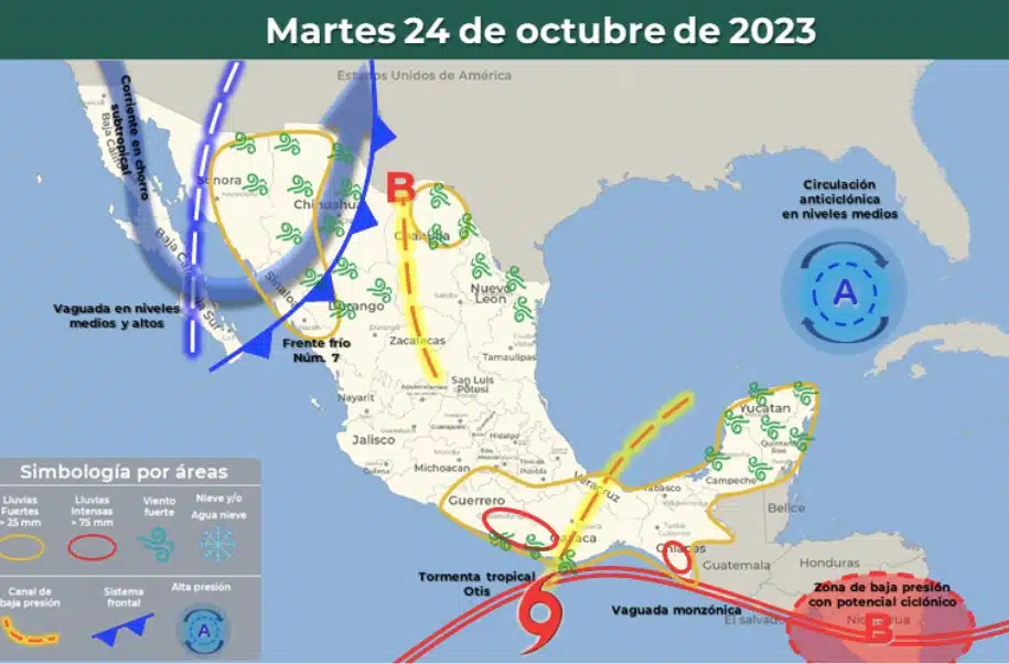 Mapa de pronóstico del clima para elmartes 24 de octubre en México. Sinaloa se esperan de moderadas a fuertes. SMN