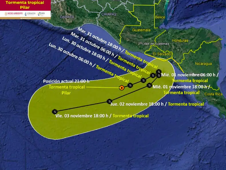 Mapa pronóstico de la tormenta tropical Pilar