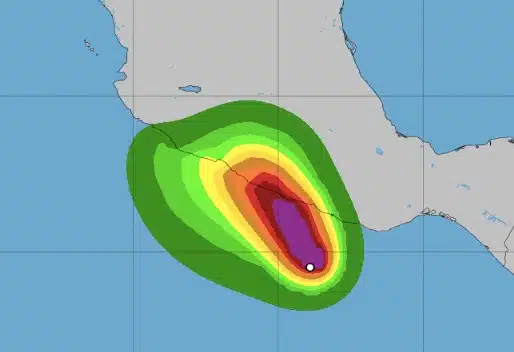 Mapa que muestra huracán Otis ya como categoría dos.