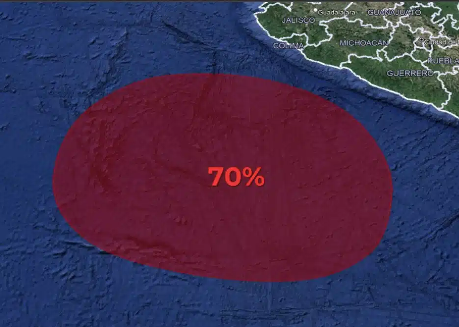 Mapa que muestra una perturbación con probabilidad del 70 por ciento para desarrollo ciclónico en el Pacífico