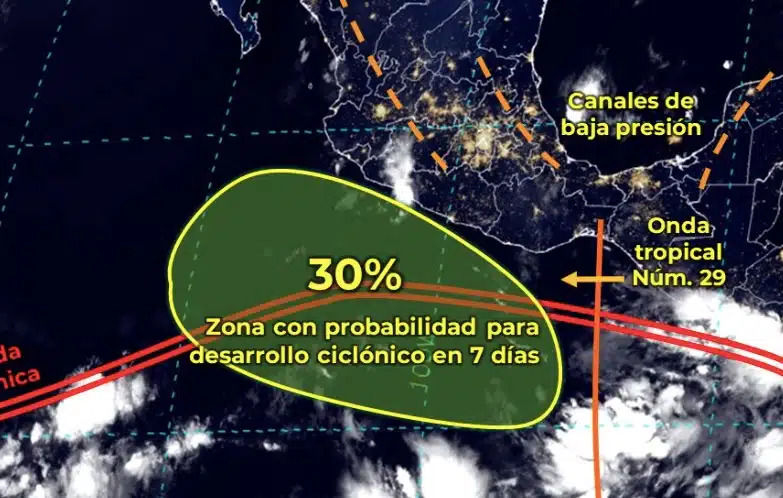 Una parte del mapa de México con una perturbación de desarrollo ciclónico en el océano Pacífico