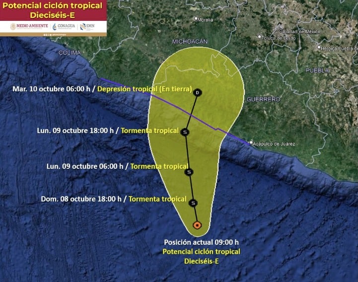 Trayectoria del potencial ciclón Dieciséis-E