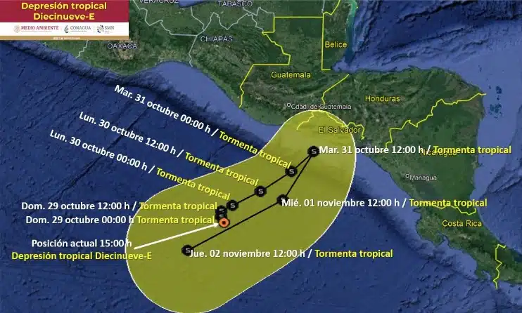 Pronóstico de desplazamiento y evolución de la depresión tropical 19-E, próximo ciclón Pilar en el Pacífico