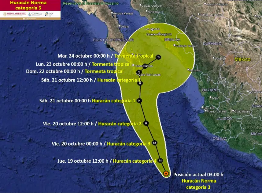 Mapa de pronóstico huracán Norma