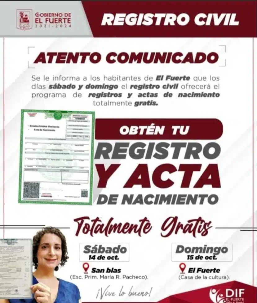 Cartel sobre cómo obtener el registro y el acta de nacimiento en El Fuerte