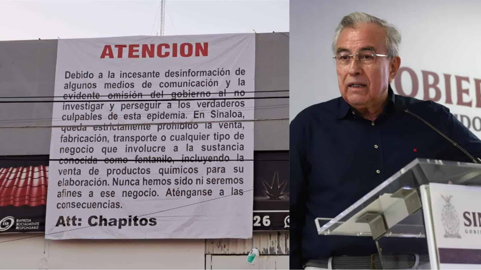 Mantas en Sinaloa en la izquierda y gobernador Rocha del lado derecho