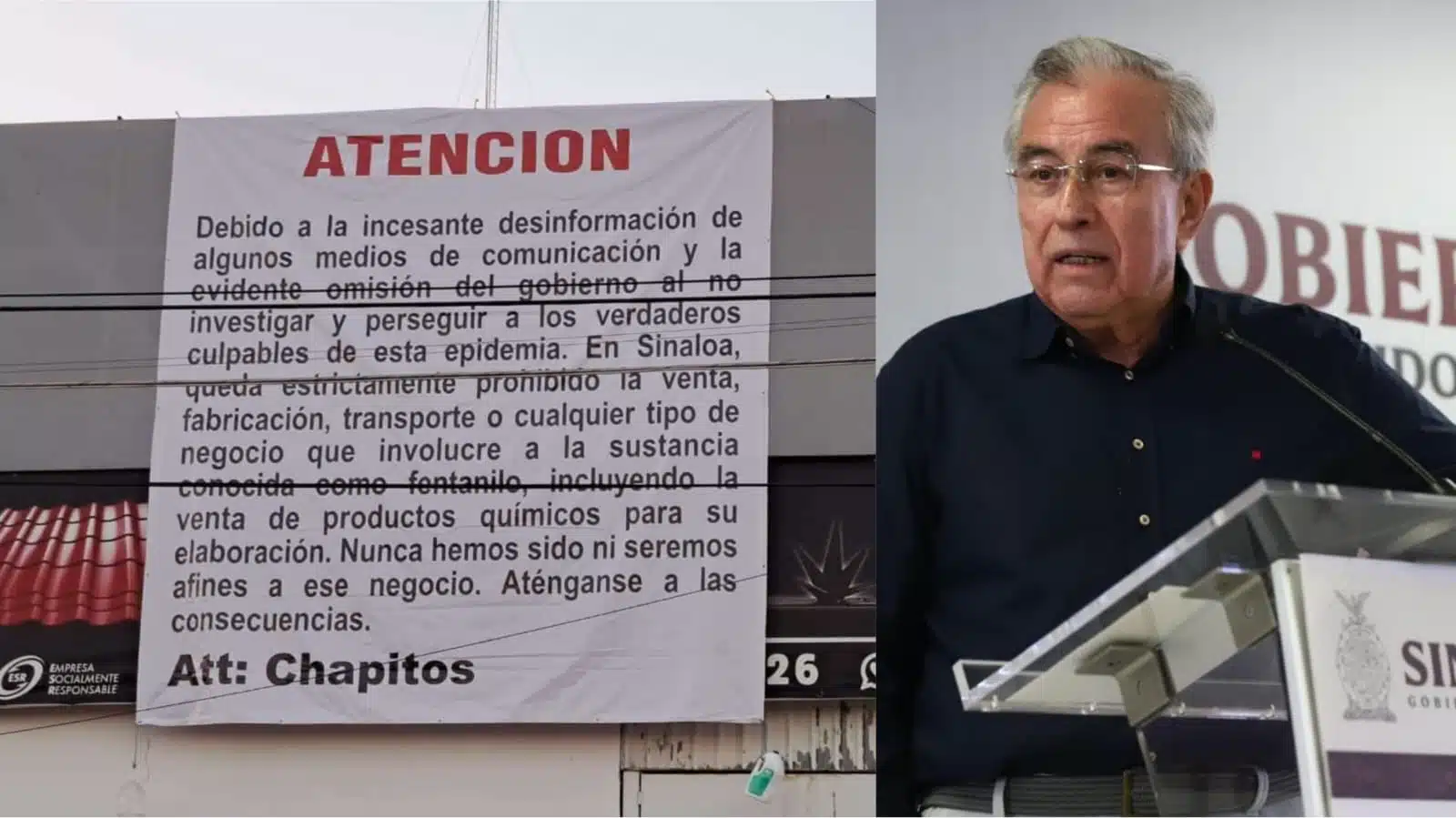 Mantas en Sinaloa en la izquierda y gobernador Rocha del lado derecho