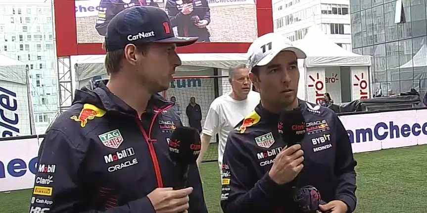 Sergio Checo Pérez y Max Verstappen en el evento De la pista a la cancha