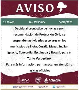 Aviso con letras por parte de SEPyC por cancelación de clases