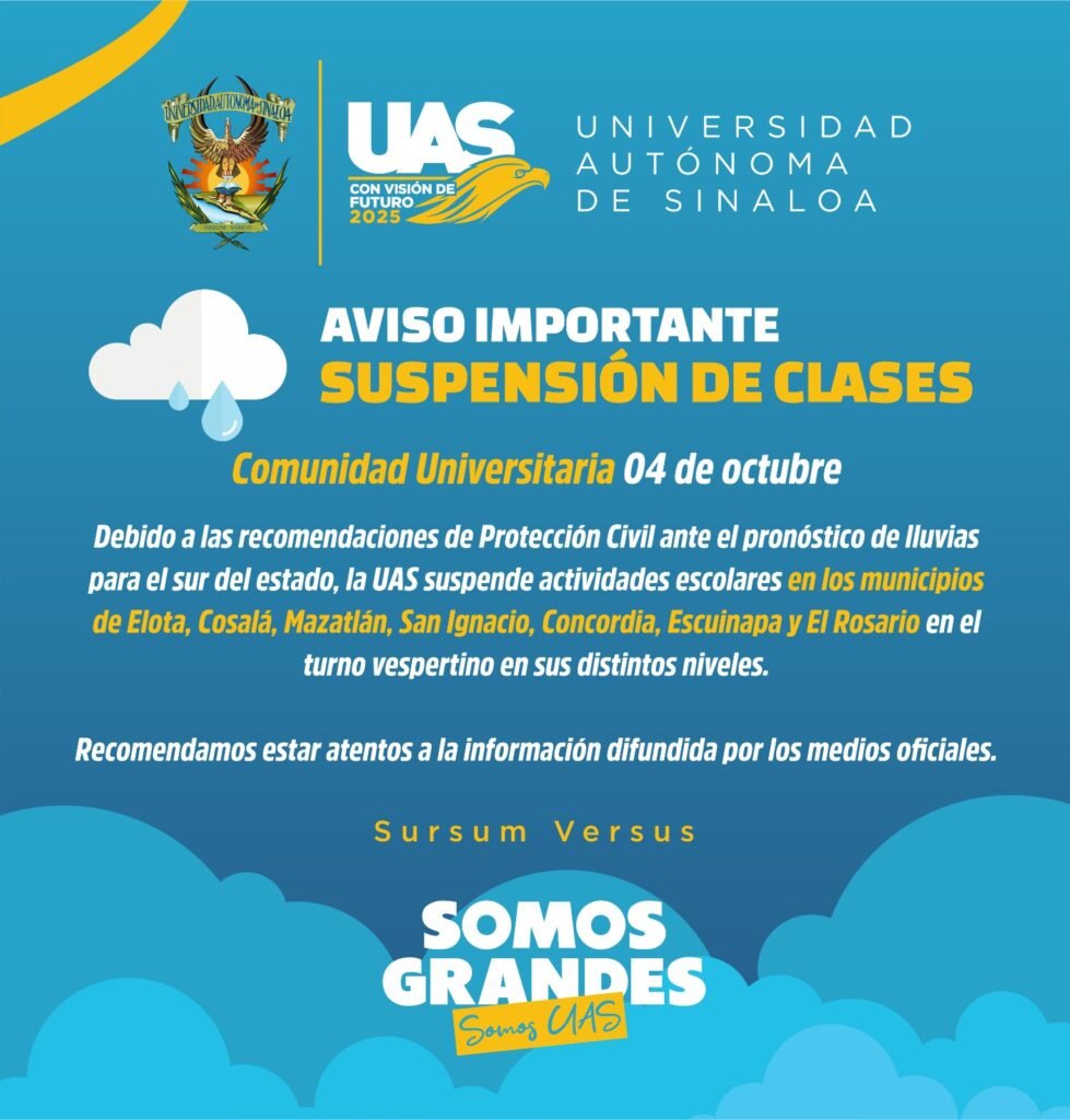 Aviso con letras por parte de la UAS por cancelación de clases