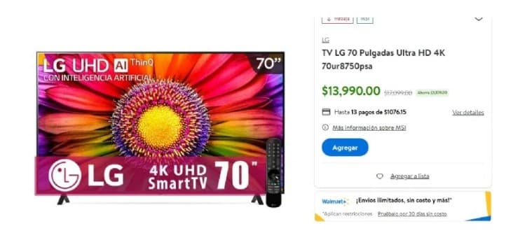 Walmart oferta pantalla LG de 70 pulgadas