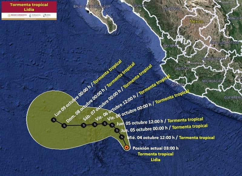 Trayectoria de una tormenta tropical en el océano Pacífico