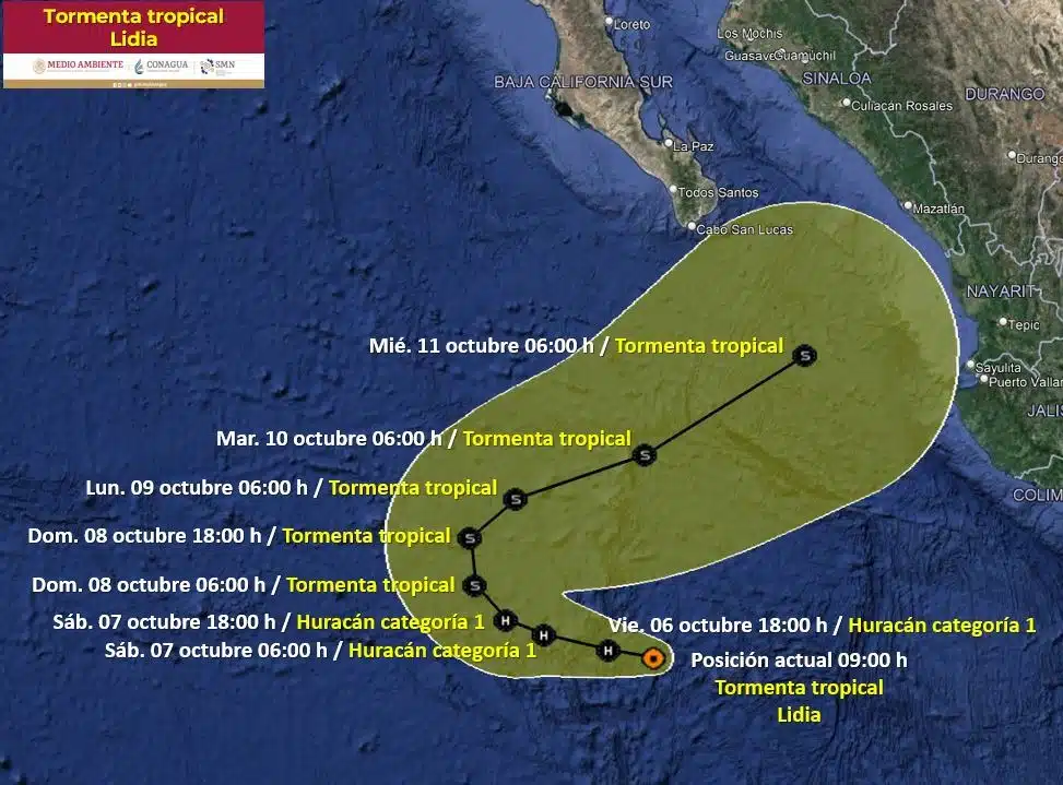 Trayectoria de la tormenta tropical Lidia en el océano Pacífico