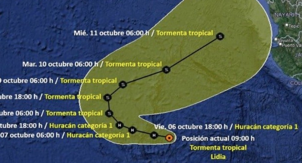 Trayectoria de la tormenta tropical Lidia en el océano Pacífico