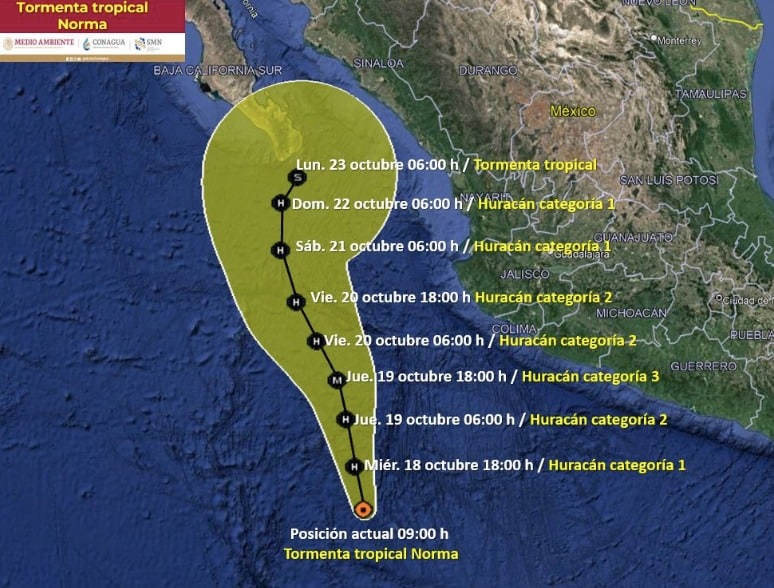 Trayectoria de la tormenta tropical Norma en el océano Pacífico