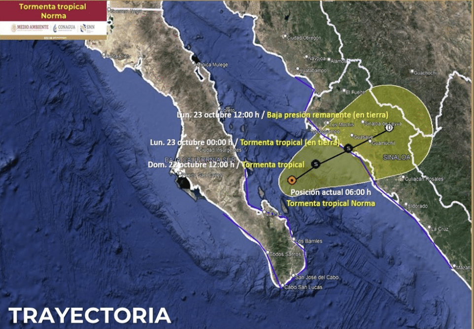 Trayectoria de la tormenta tropical Norma en el Golfo de California