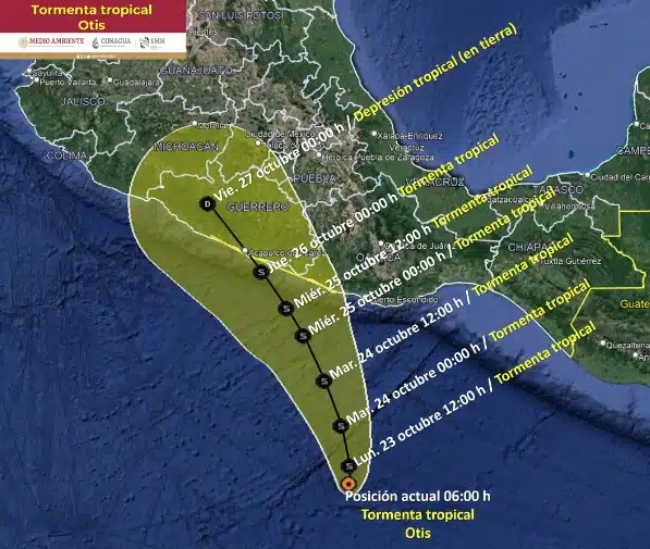 Trayectoria de la tormenta tropical Otis en el océano Pacífico