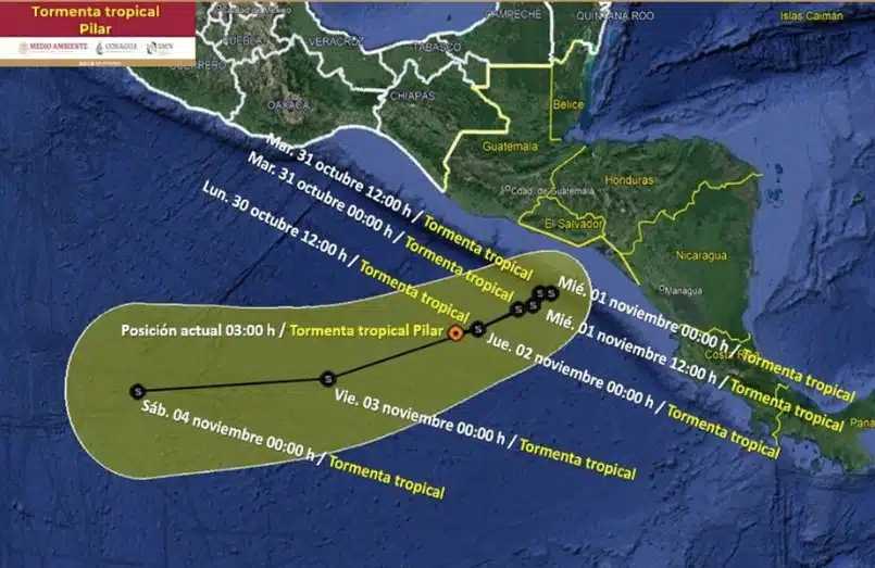 Trayectoria de la tormenta tropical Pilar en el océano Pacífico