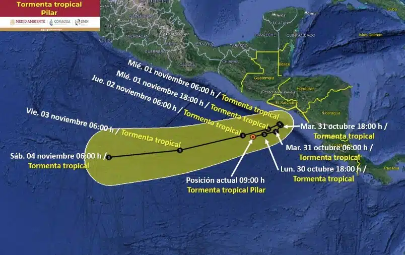 Trayectoria de la tormenta tropical Pilar en el océano Pacífico