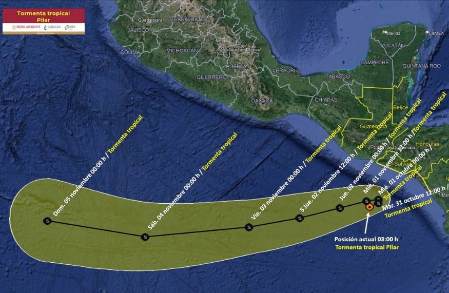Trayectoria de la tormenta tropical Pilar en el océano Pacífico