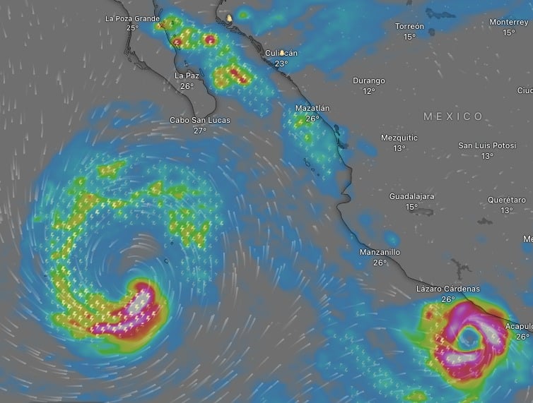 Una parte del mapa de México en el que se miran las tormentas tropicales Lidia y Max
