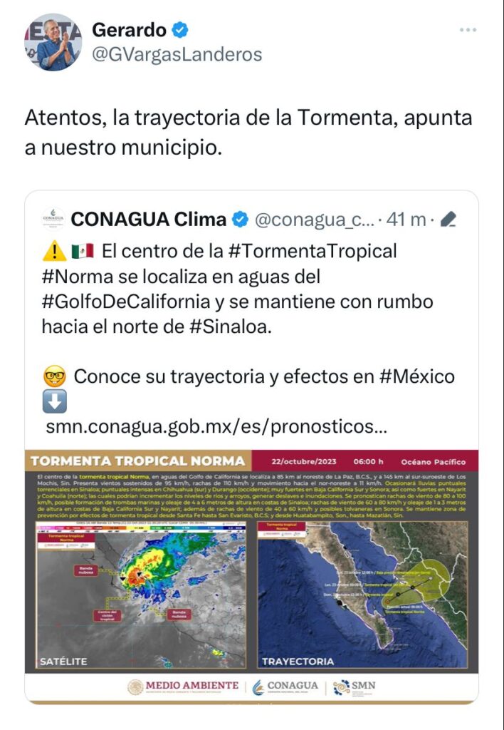 Tuit del alcalde de Ahome, Gerardo Vargas Landeros, sobre la tormenta tropical Norma