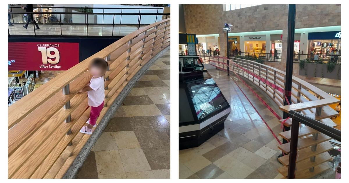 A la izquierda: una menor escalando el barandal de madera en centro comercial de Culiacán. A la derecha: el mismo barandal clausurado por Protección Civil